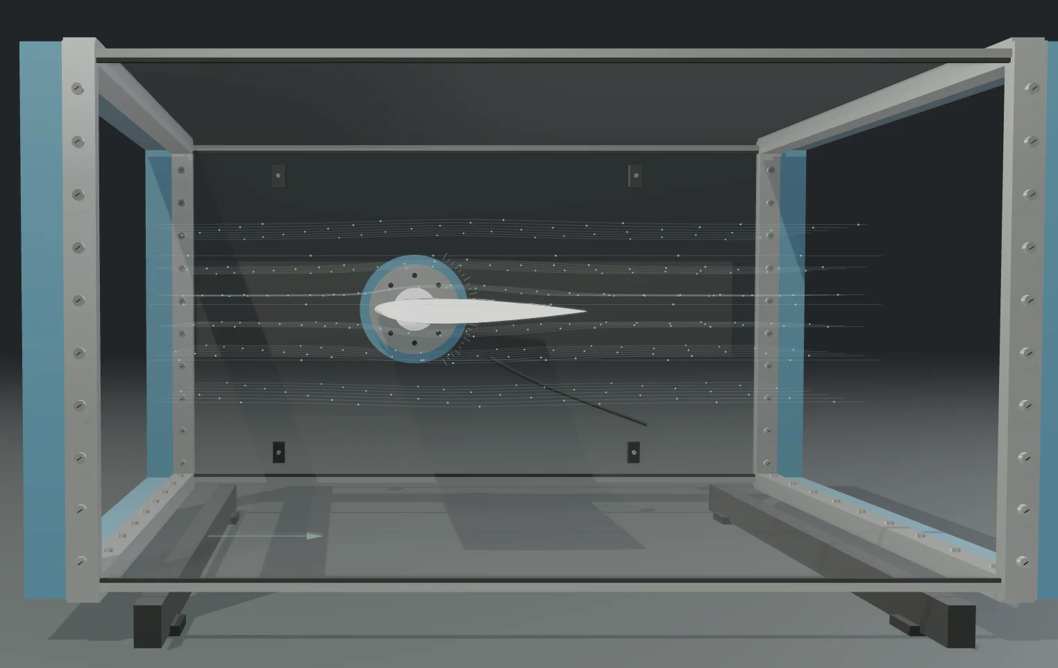Render of the wind tunnel test section with the wing model mounted on its turntable