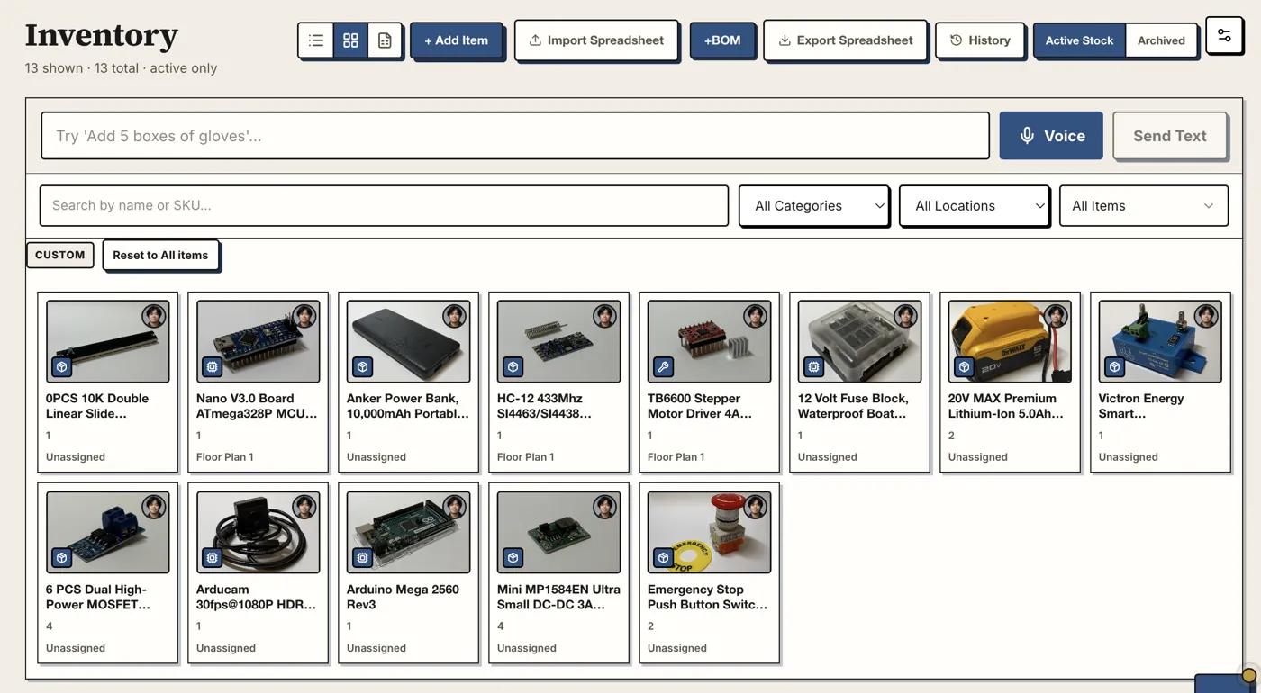 SmartFlow inventory grid showing items with photos, categories, and locations